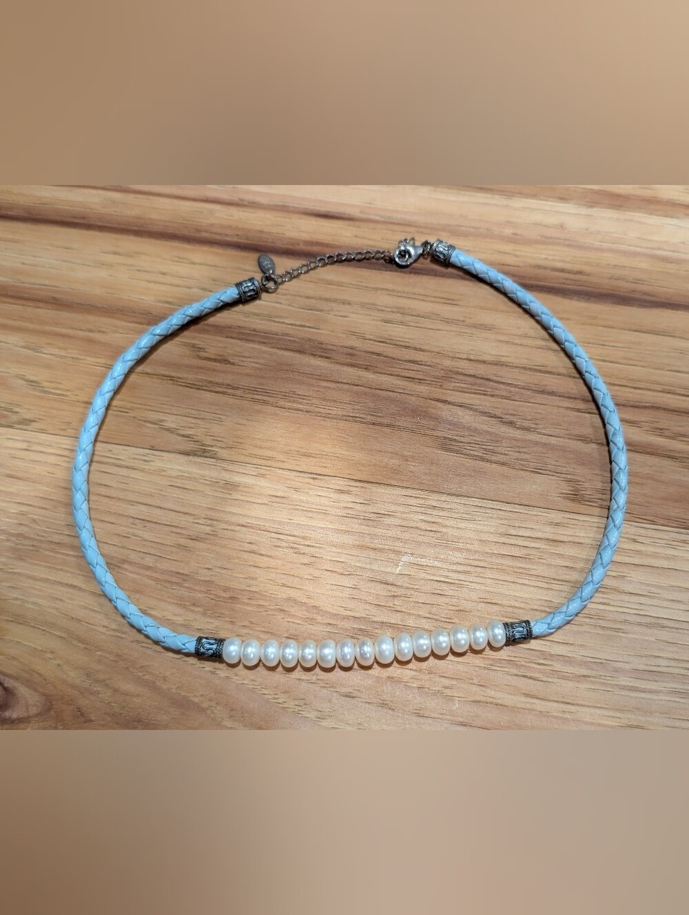 Pearl Bead Accented Braided Leather Necklace in Light Blue